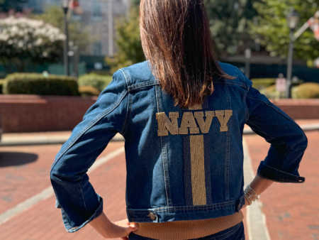 Navy Beaded Denim Jacket Cheap