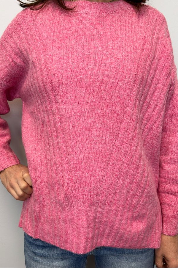 Crew Sweater w  Ribbed Details - Fuchsia Hot on Sale