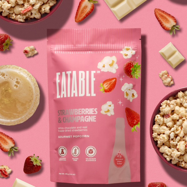 Eatable Strawberries & Champagne White Chocolate Popcorn For Cheap