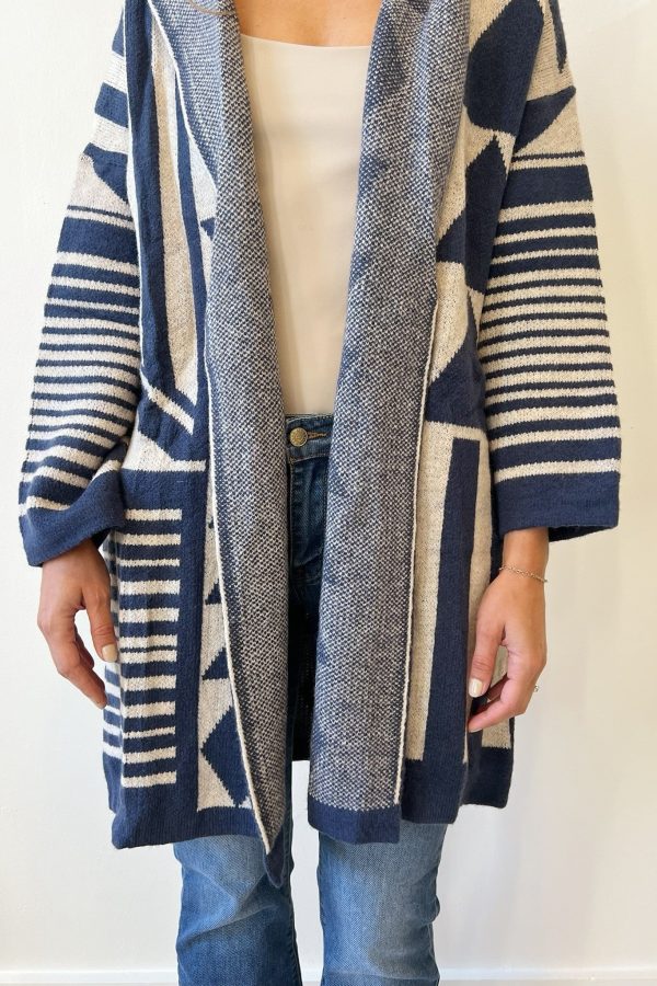 Geometric Hooded Cardigan - Navy Hot on Sale