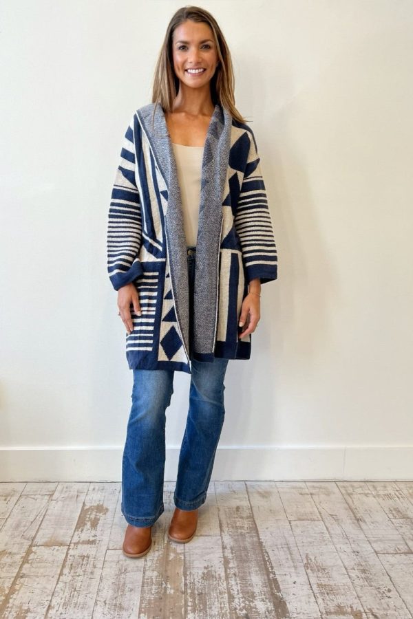 Geometric Hooded Cardigan - Navy Hot on Sale