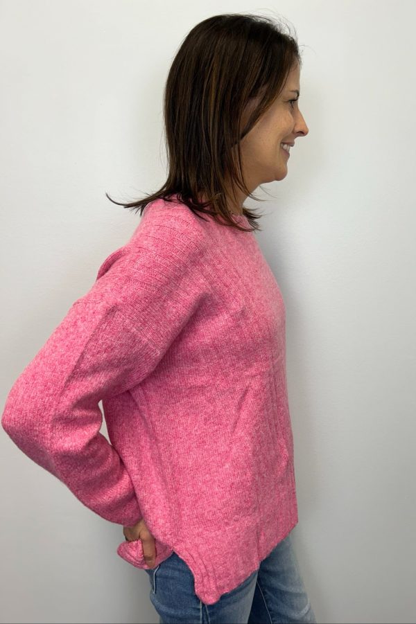 Crew Sweater w  Ribbed Details - Fuchsia Hot on Sale