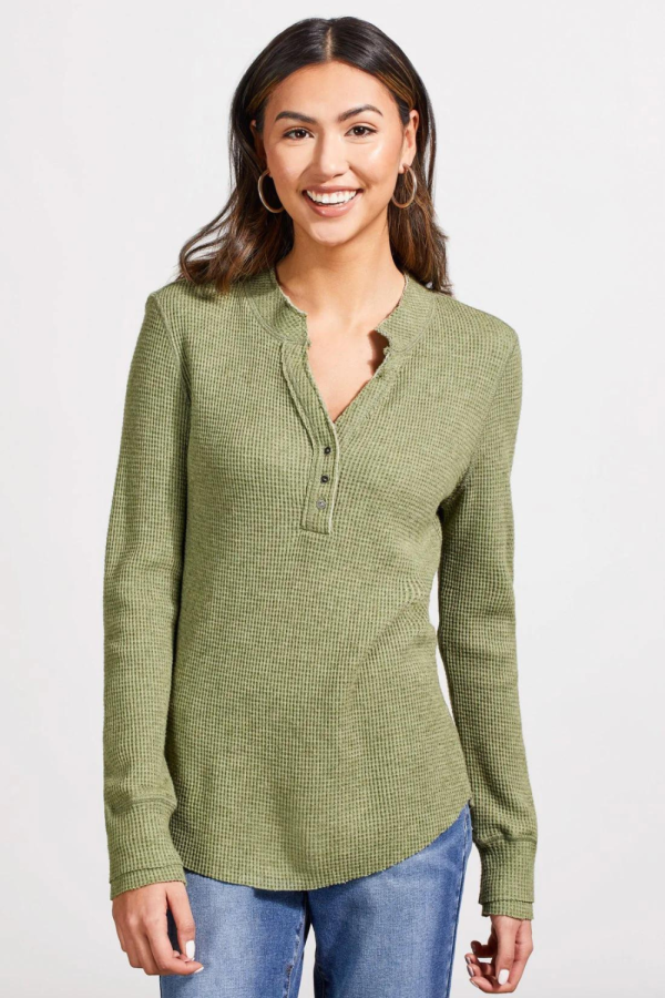 Tribal Henley Top w  Buttons - Heathered Clover Leaf Sale