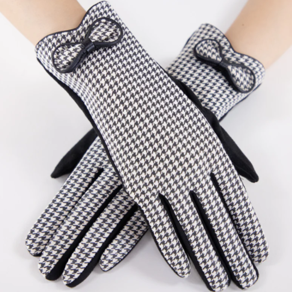 Small Houndstooth Gloves w  Bow - Black For Cheap